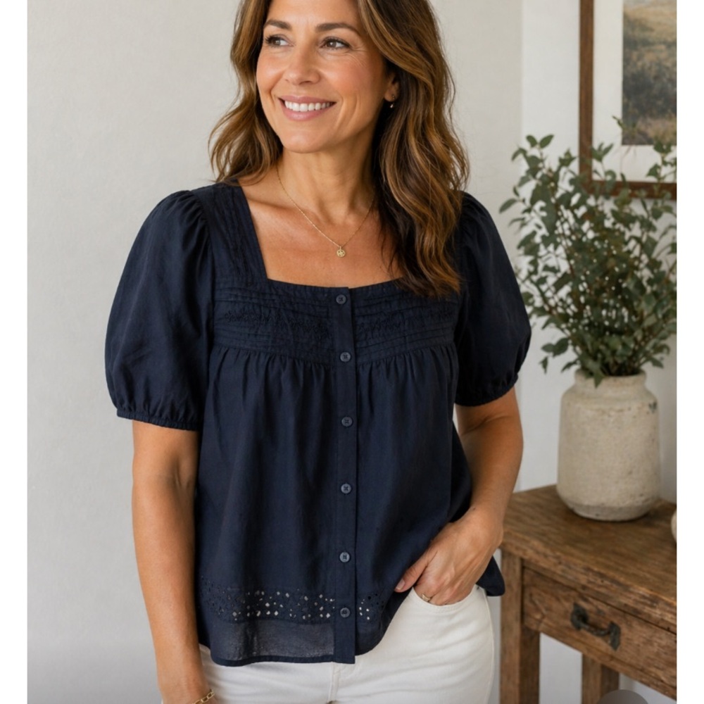 Calypso St. Barth Navy Square-Neck Button Front Puff Sleeve Top NWOT
